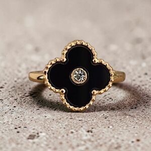 Elegant Black and Gold Stainless Steel Clover Ring - Size 7
